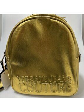 Versace Jeans Couture Logo Embossed Patent Leather Backpack Gold